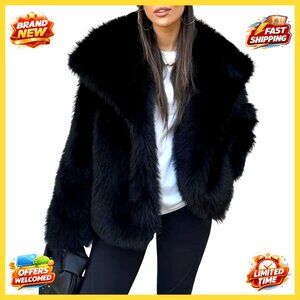 Faux Fur Jacket Lapel Open Front Fluffy Shaggy Winter Overcoat Chic